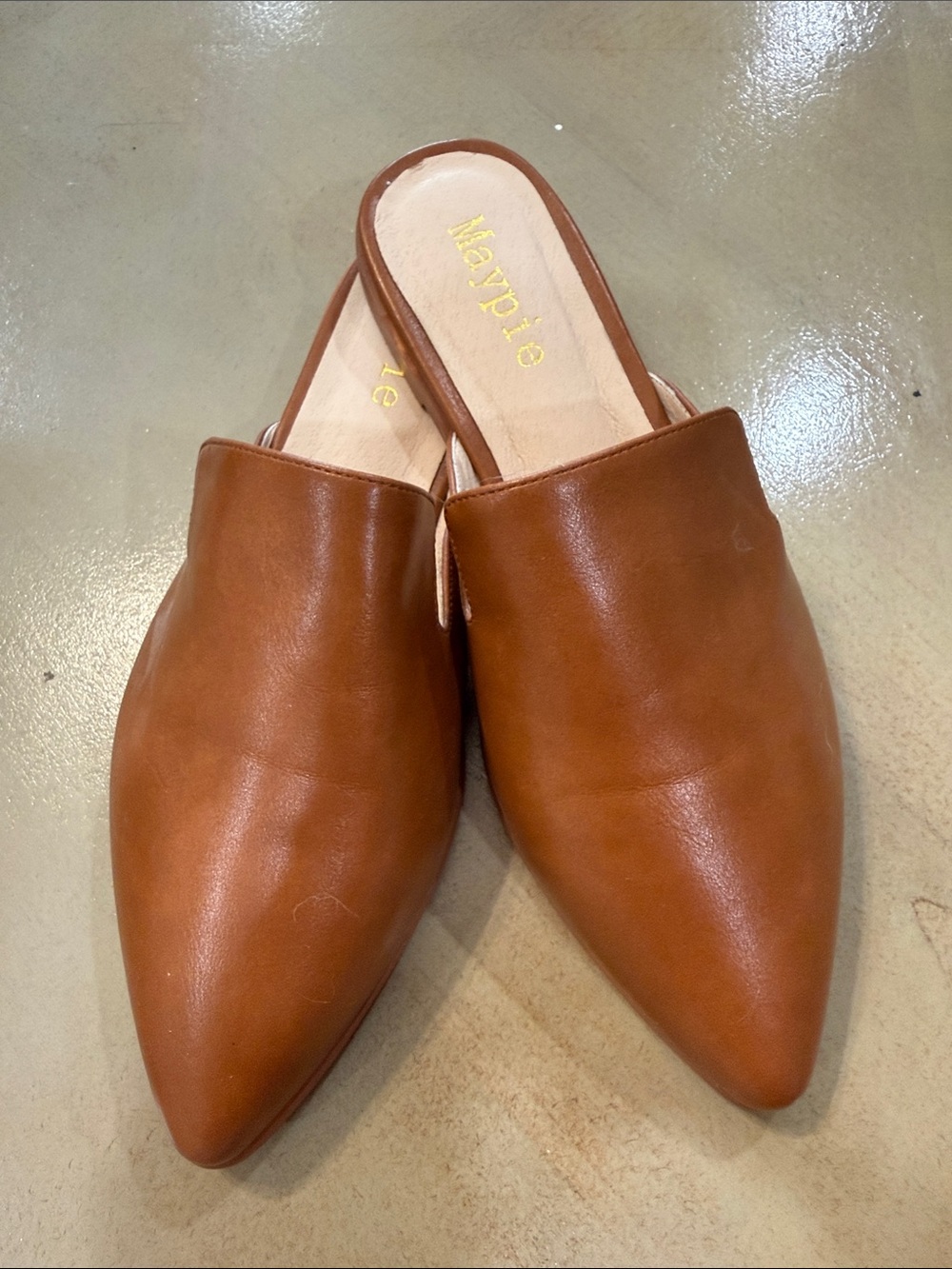 Tan Pointed-Toe Leather Slip-On Shoes for Women